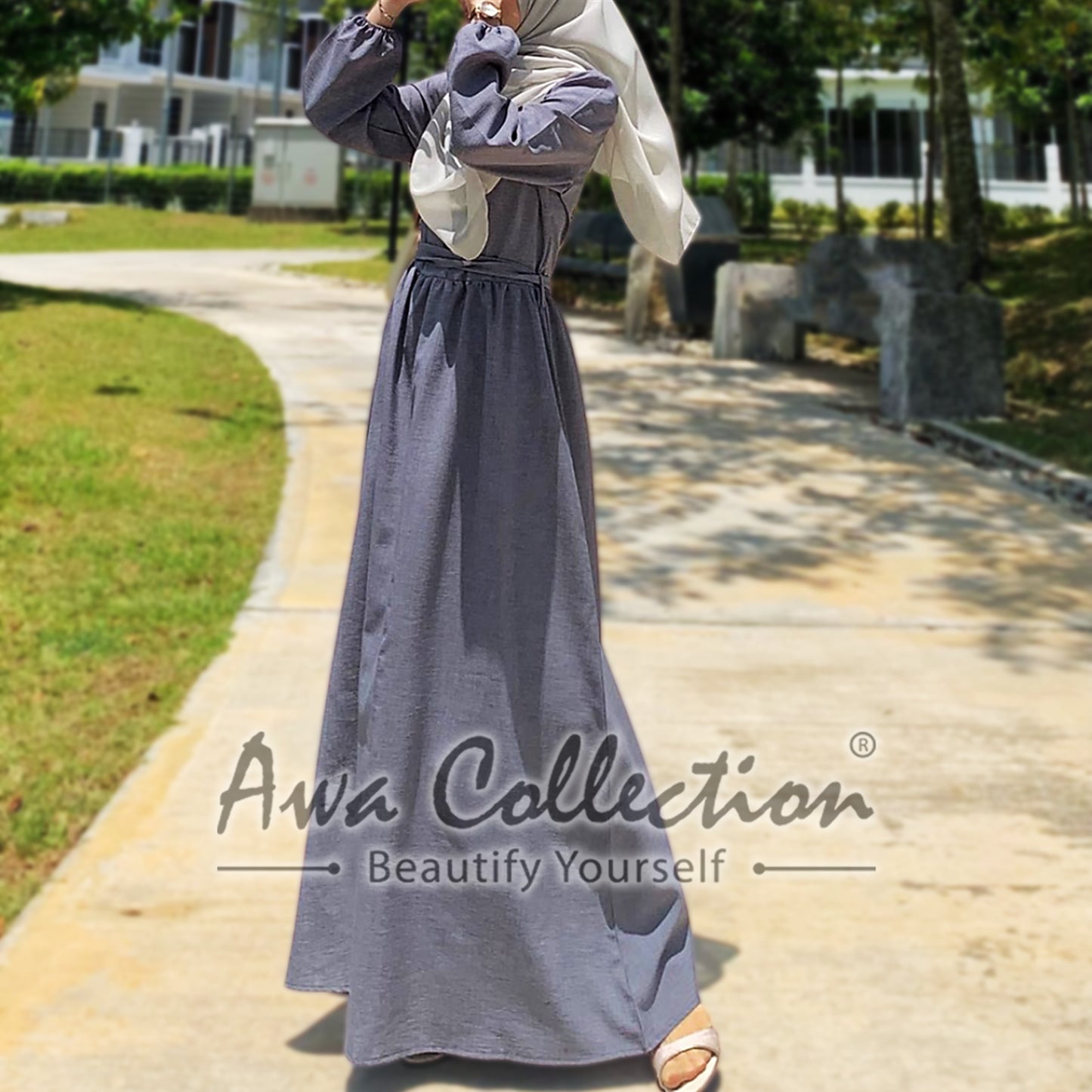 LALEESA Awa Collection DA103127 DRESS MARIA Button Front Frilled Neckline Belted Dress Muslimah Dress Women Dress
