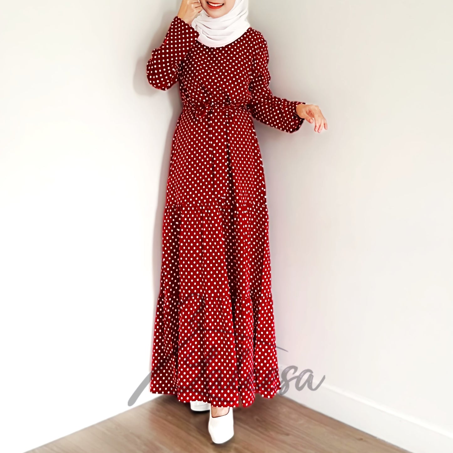 LALEESA LD240200 DRESS WADI Belted Polka Dot Dress Muslimah Dress Women Dress Abaya Muslimah Plus Size Baju Raya 2024