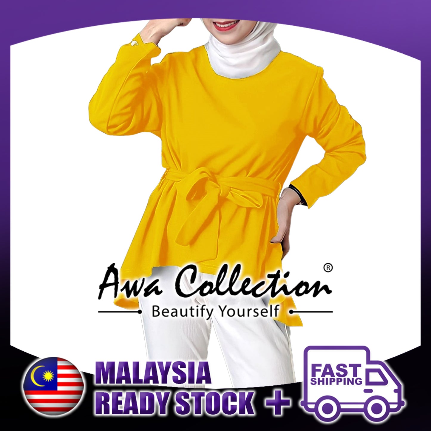 LALEESA Awa Collection TA302380 BLOUSE ZAMINAH Asymmetrical Hem Belted Round Neck Blouse Muslimah Blouse Women Blouse