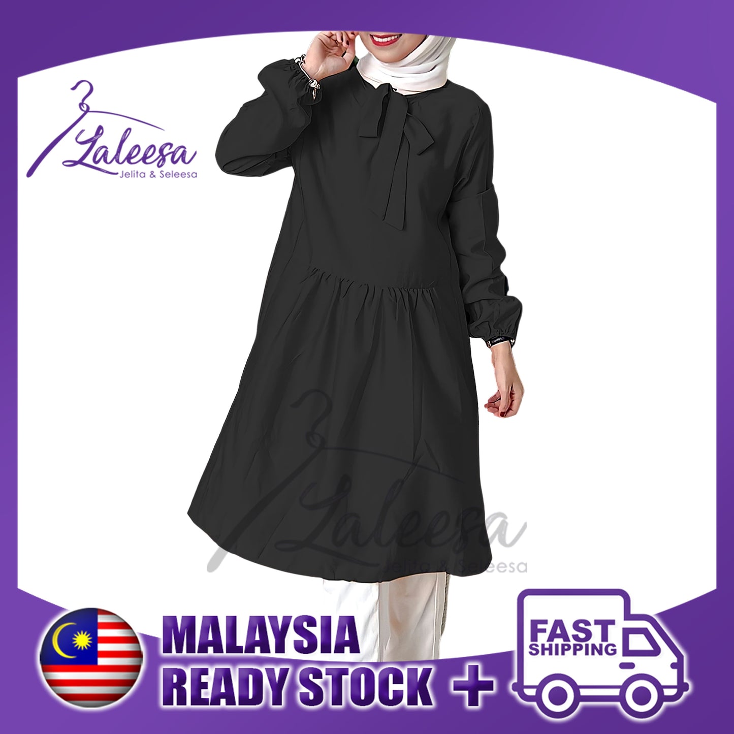 LALEESA TB441451 BLOUSE NABEEHA Plain Color Tie Collar Blouse Muslimah Blouse Women Blouse Baju Muslimah Baju Perempuan