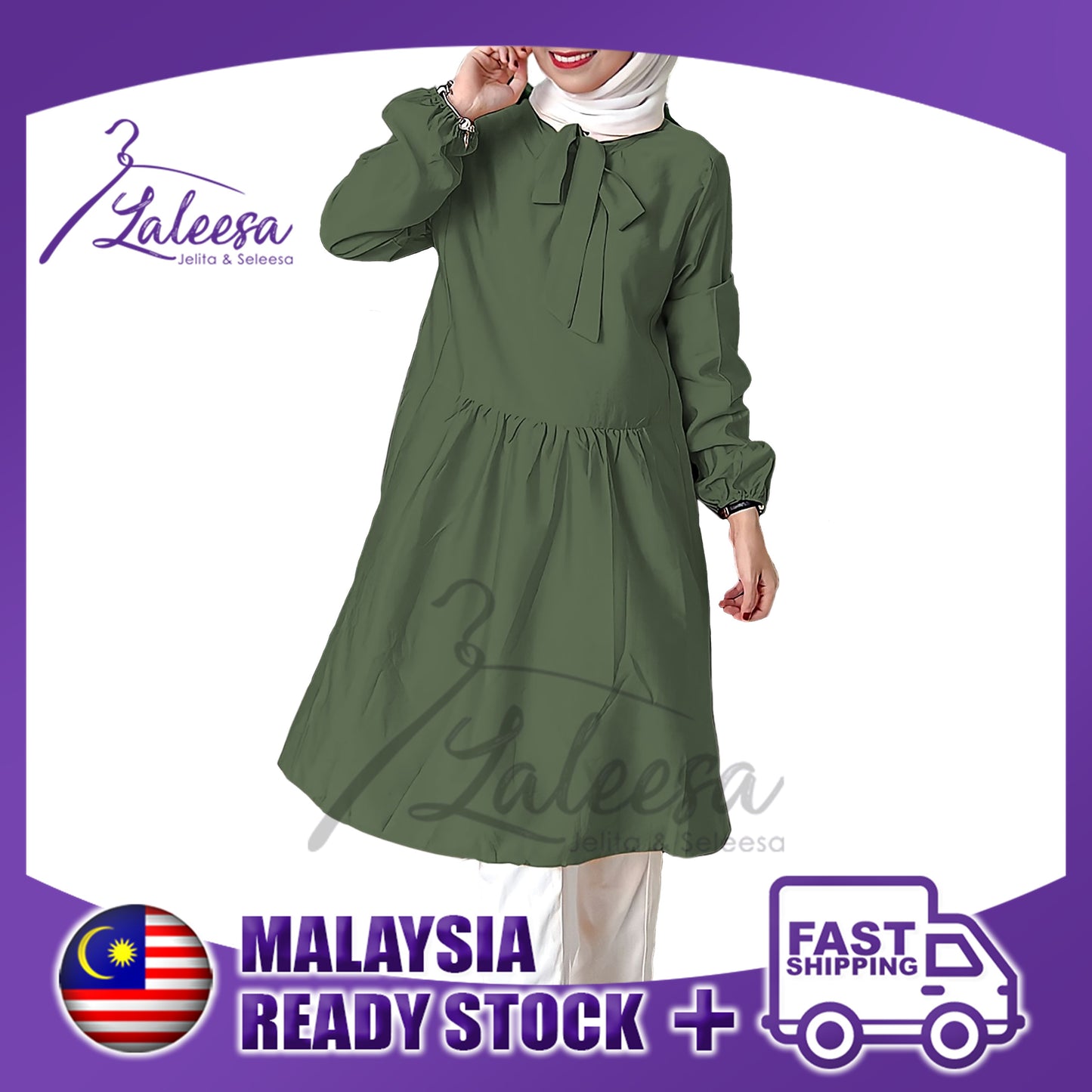 LALEESA TB441451 BLOUSE NABEEHA Plain Color Tie Collar Blouse Muslimah Blouse Women Blouse Baju Muslimah Baju Perempuan