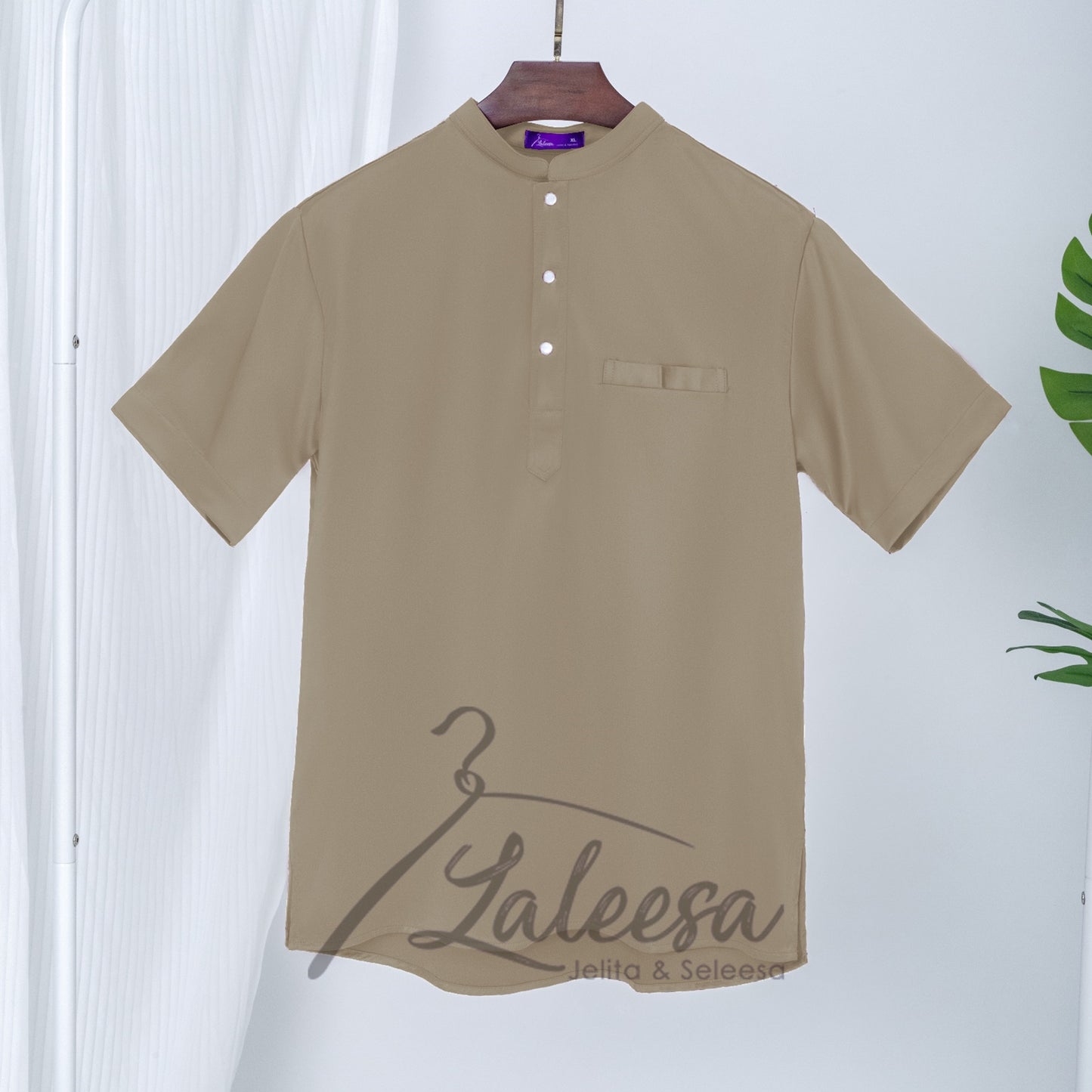 LALEESA E0303 Kurta Lelaki Lengan Pendak (Regular Fit) Satin Berkilat Baju Berkolar Men Shirt Men Baju Raya 2024