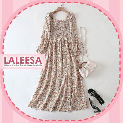 LALEESA LD260208 DRESS RAHANA Floral Square Neck Rubber Waist Long Dress Muslimah Dress Women Plus Size Baju Raya 2024