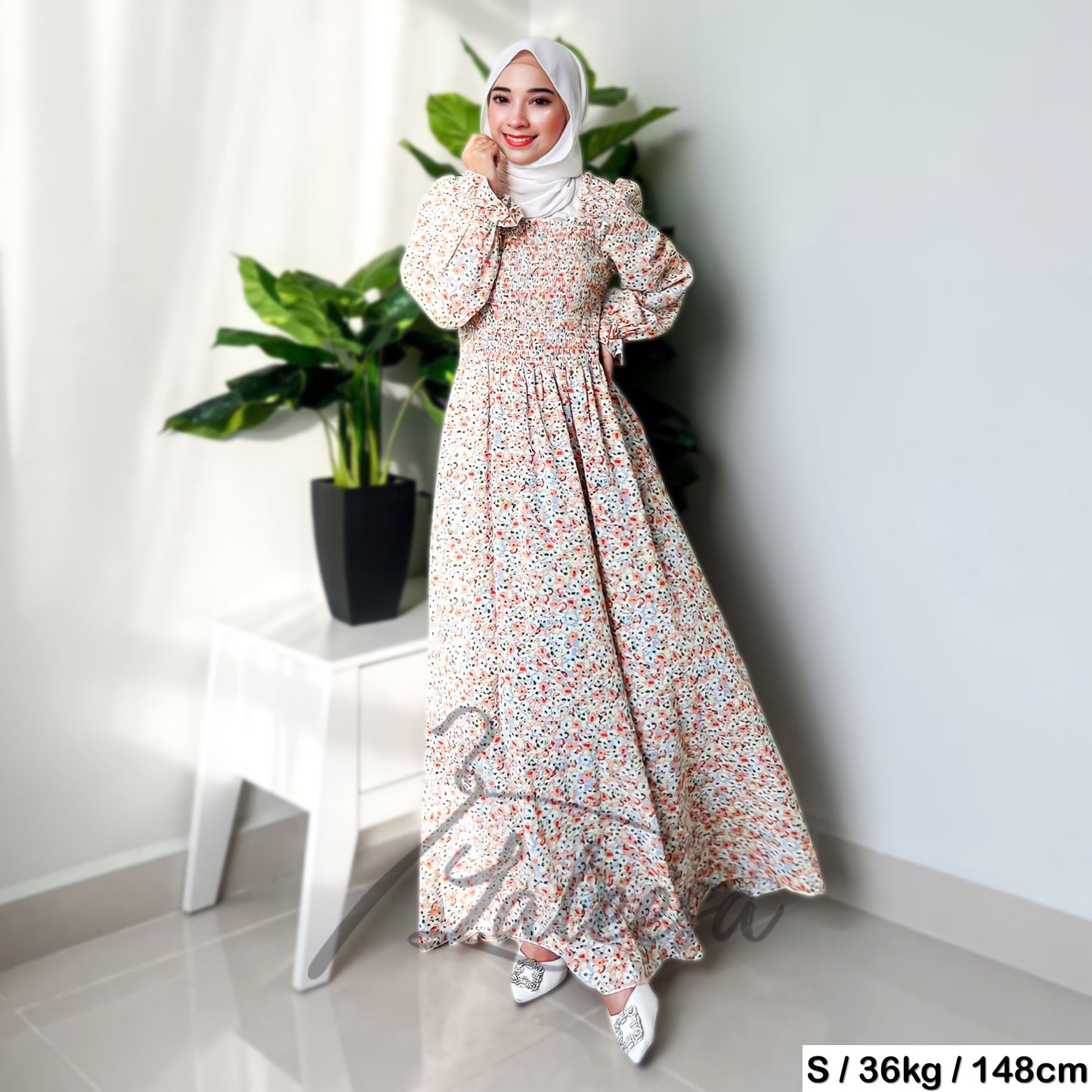 LALEESA LD260208 DRESS RAHANA Floral Square Neck Rubber Waist Long Dress Muslimah Dress Women Plus Size Baju Raya 2024