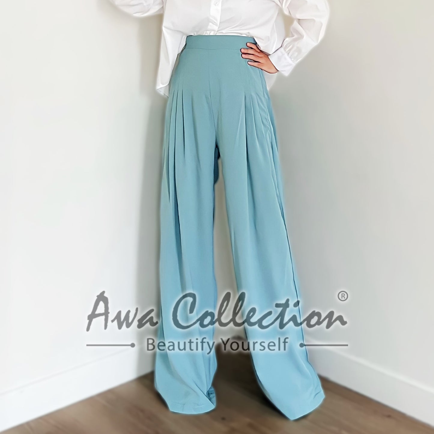 LALEESA Awa Collection BA505565 PANTS NASHWA High Waist Sage Wide Leg Trouser Pants Women Pants Seluar Perempuan