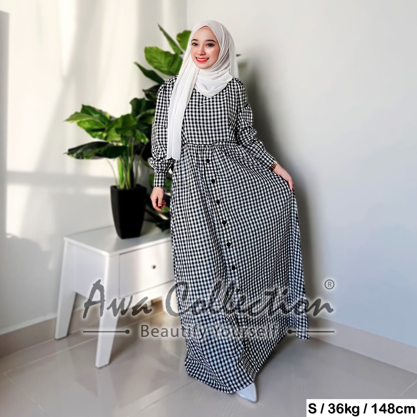 LALEESA Awa Collection DA124135 DRESS NADAA Puff Sleeve Plaid Long Dress Muslimah Dress Women Dress Baju Raya 2024