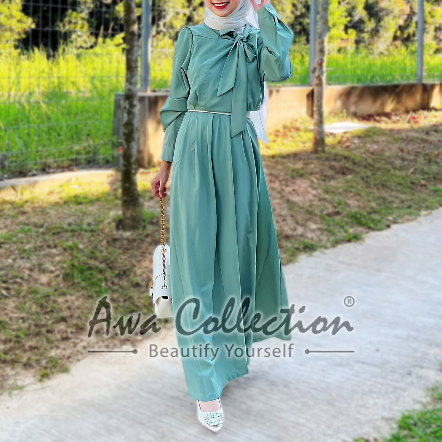 LALEESA Awa Collection DA128171 DRESS TAHMINA Tie Collar Bowknot Plain Skater Long Dress Muslimah Dress Women Dress