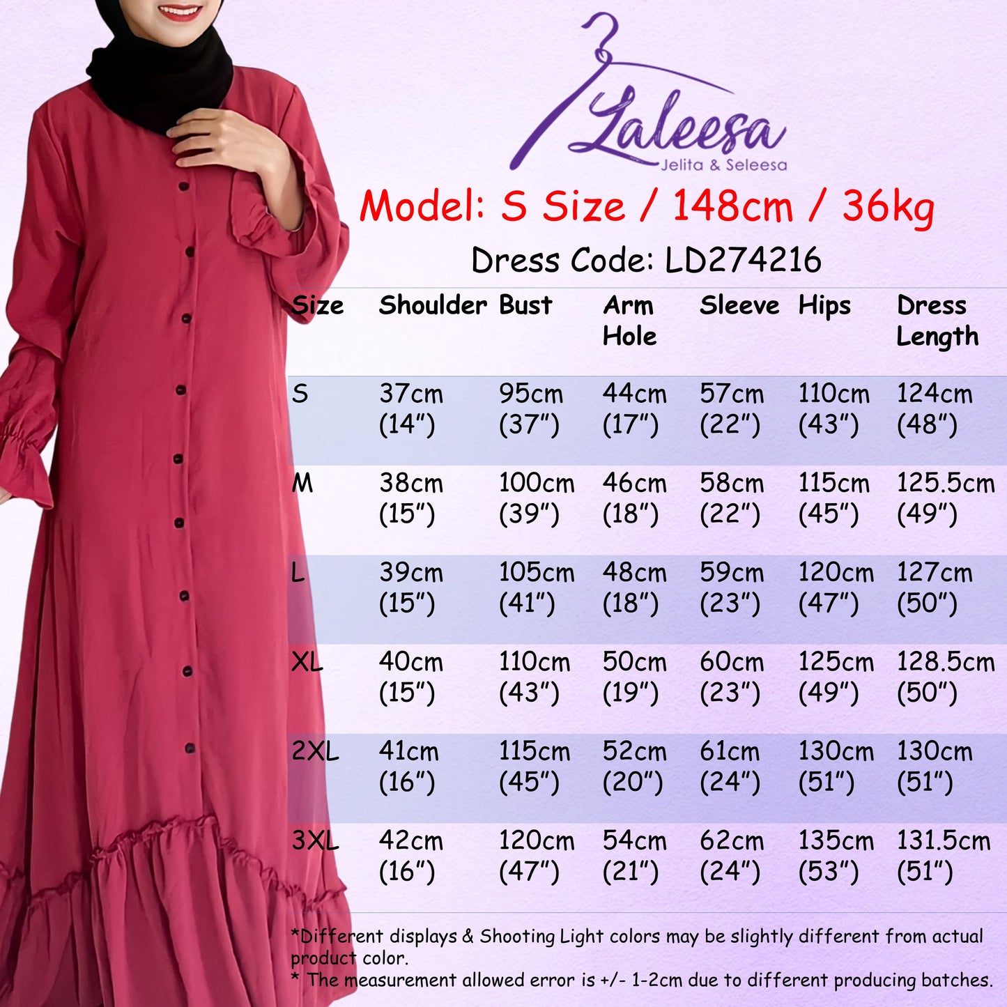 LALEESA DRESS IRTIZA LD274216 <BF Friendly Series> (Ironless) Full Button Ruffled Hem Dress Muslimah Dress Women Dress