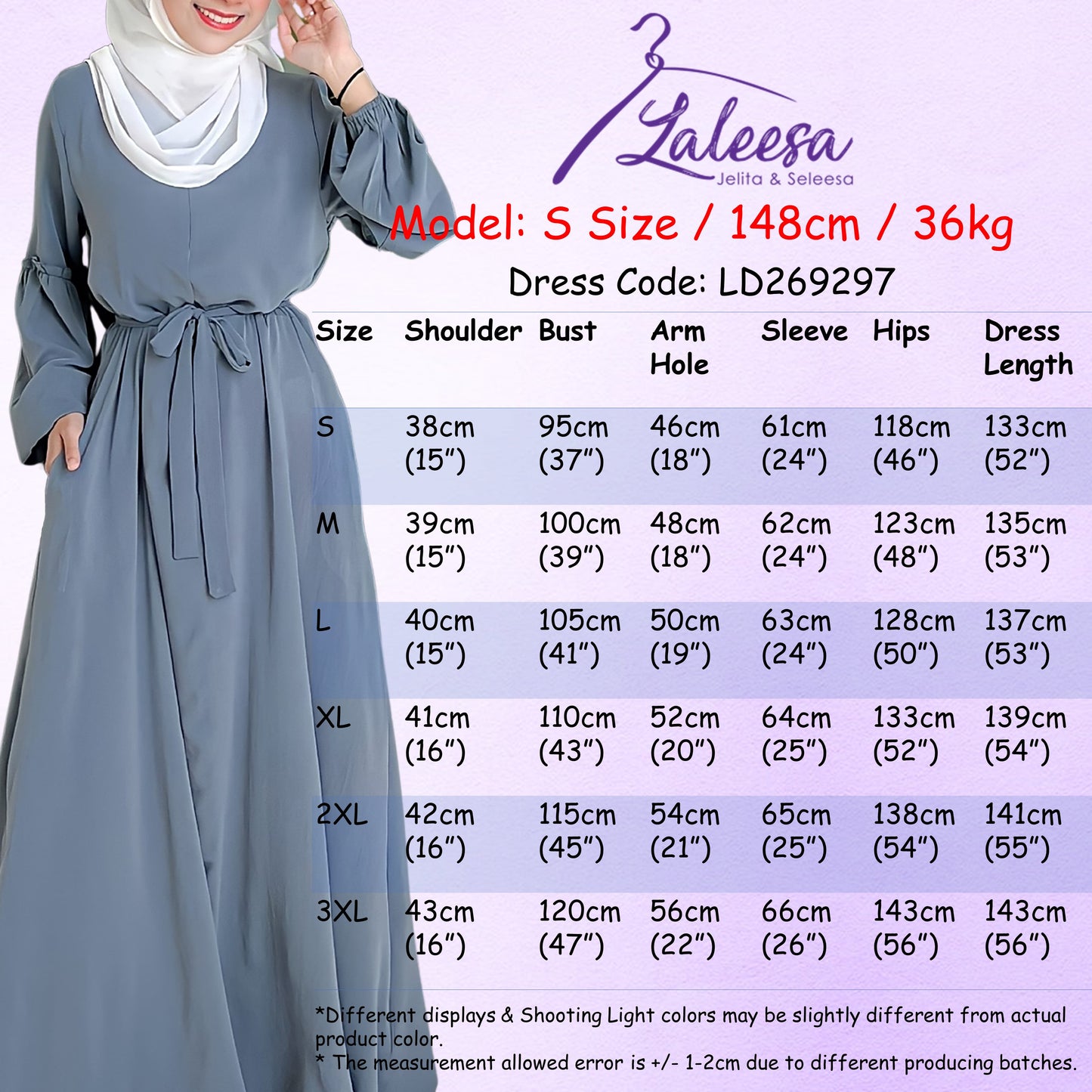 LALEESA DRESS DIYA LD269297 <BF Friendly Series> Plain Color Front Zipper Belted Long Dress Plus Size Baju Raya 2024