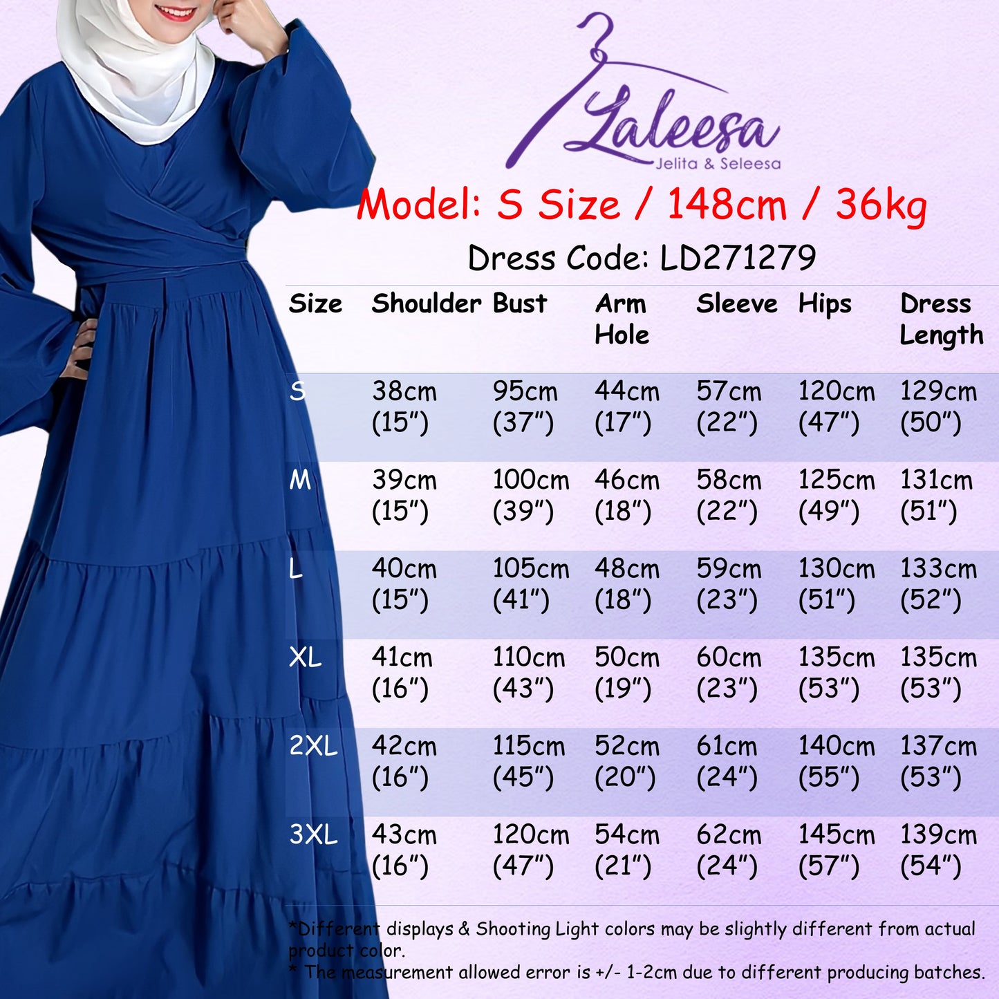 LALEESA DRESS AKILAH LD271279 <BF Friendly Series> Balloon Sleeve Front Zipper Belted Waist Dress Muslimah Dress Women