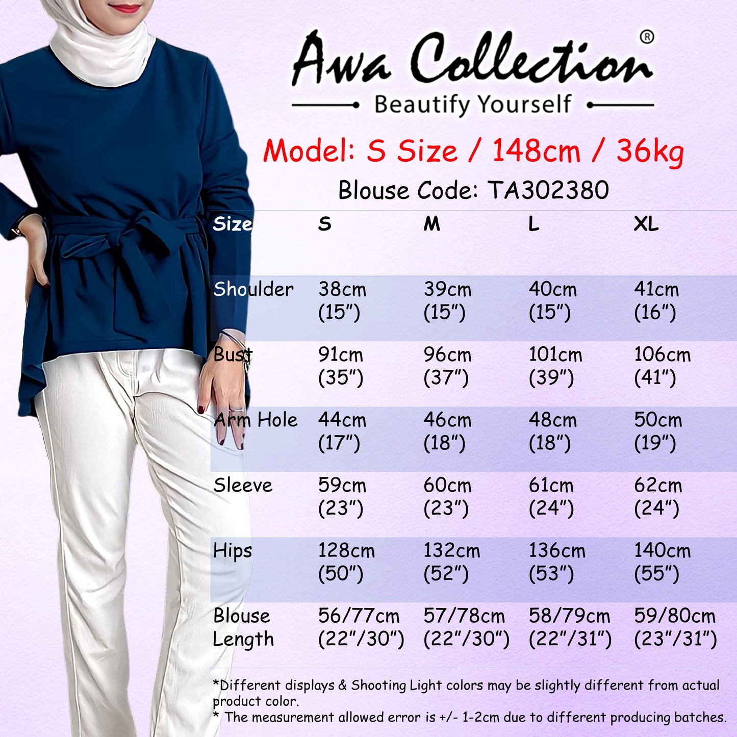 LALEESA Awa Collection TA302380 BLOUSE ZAMINAH Asymmetrical Hem Belted Round Neck Blouse Muslimah Blouse Women Blouse