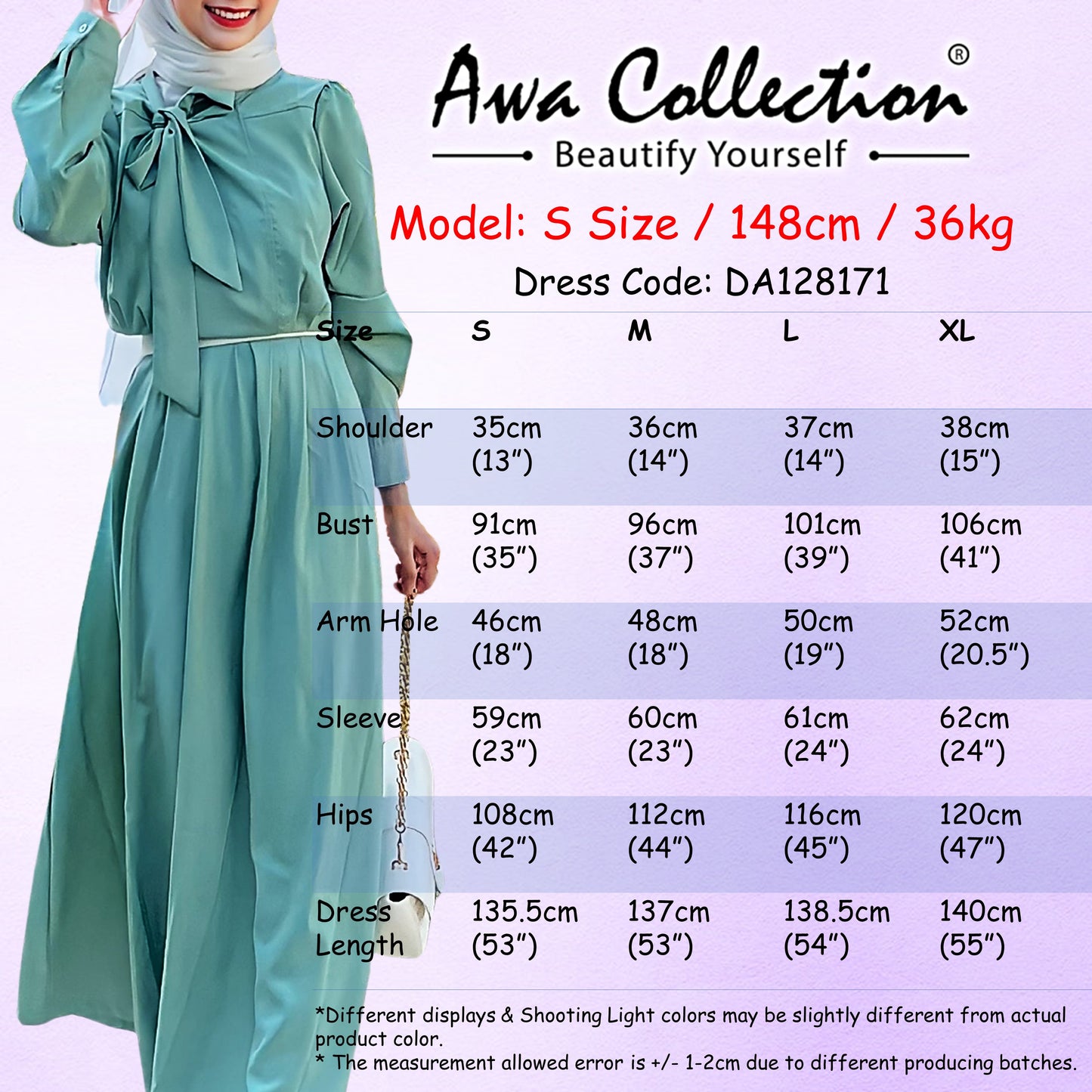 LALEESA Awa Collection DA128171 DRESS TAHMINA Tie Collar Bowknot Plain Skater Long Dress Muslimah Dress Women Dress
