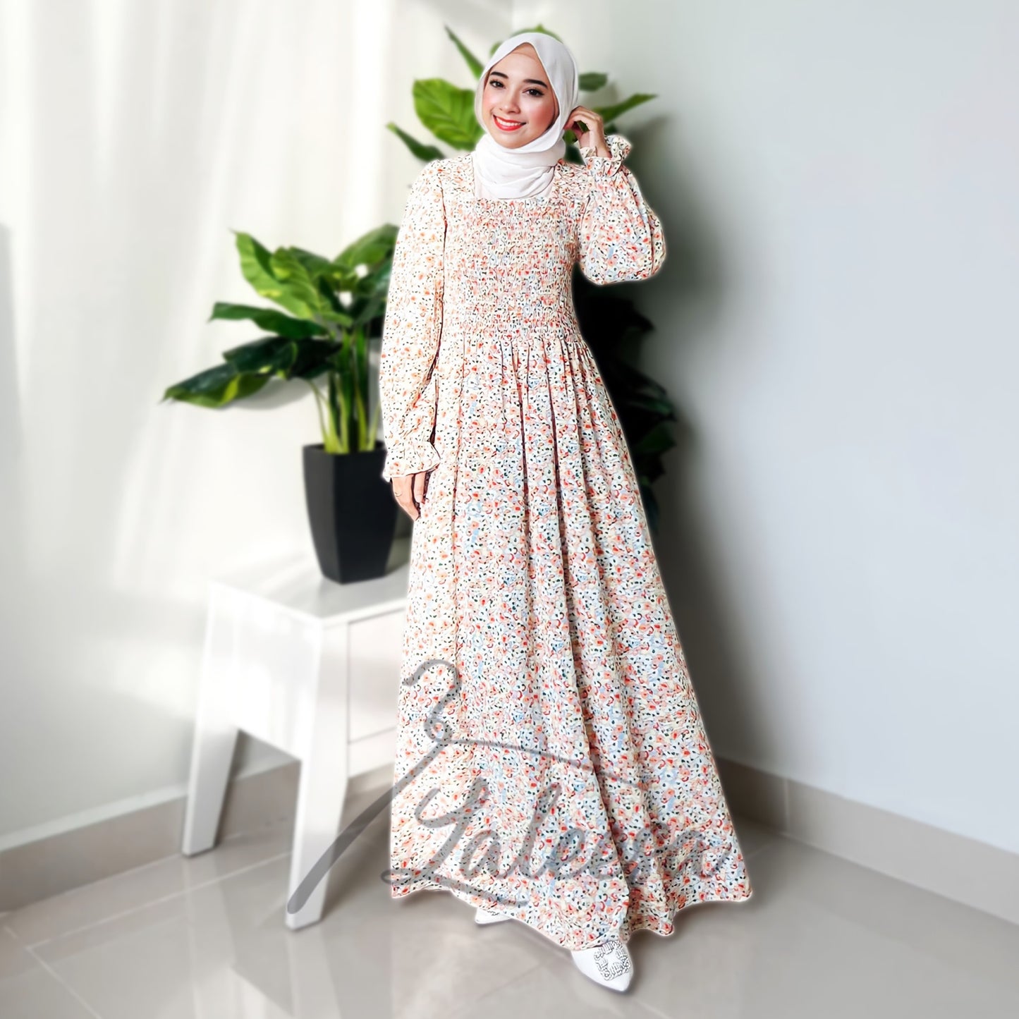 LALEESA LD260208 DRESS RAHANA Floral Square Neck Rubber Waist Long Dress Muslimah Dress Women Plus Size Baju Raya 2024