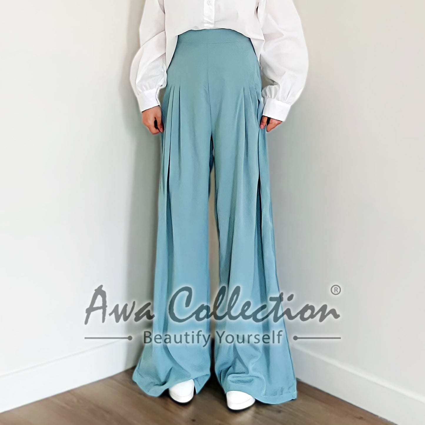 LALEESA Awa Collection BA505565 PANTS NASHWA High Waist Sage Wide Leg Trouser Pants Women Pants Seluar Perempuan
