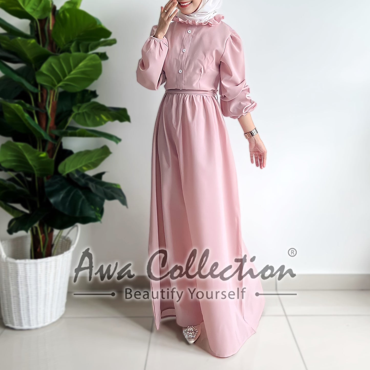 LALEESA Awa Collection DA103127 DRESS MARIA Button Front Frilled Neckline Belted Dress Muslimah Dress Women Dress