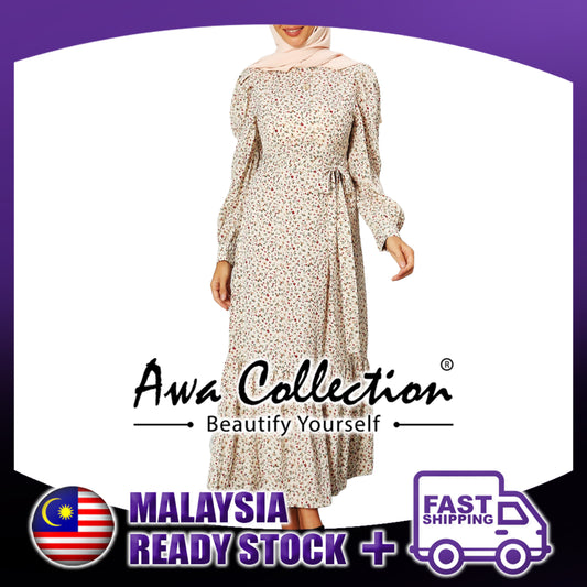 LALEESA Awa Collection DA113123 DRESS BASMA Ruffled Floral-Print Maxi Dress Muslimah Dress Women Dress Baju Muslimah