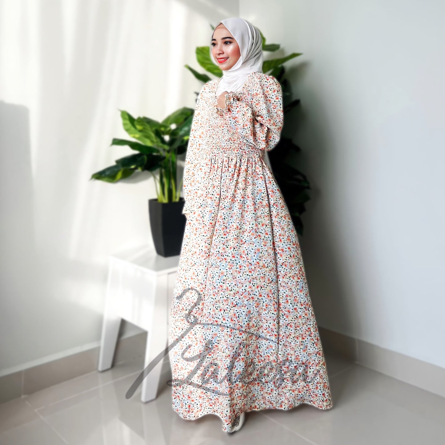 LALEESA LD260208 DRESS RAHANA Floral Square Neck Rubber Waist Long Dress Muslimah Dress Women Plus Size Baju Raya 2024