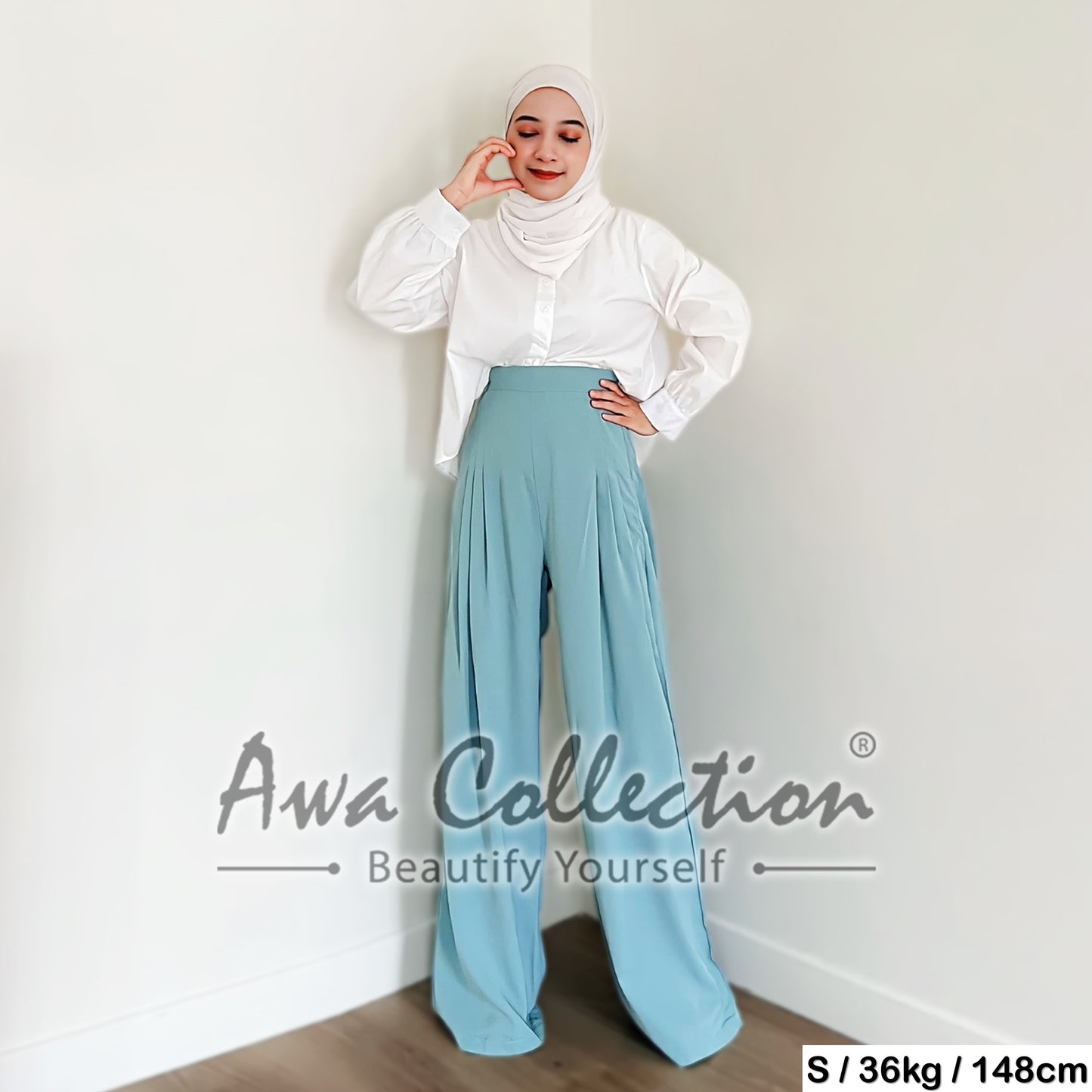 LALEESA Awa Collection BA505565 PANTS NASHWA High Waist Sage Wide Leg Trouser Pants Women Pants Seluar Perempuan