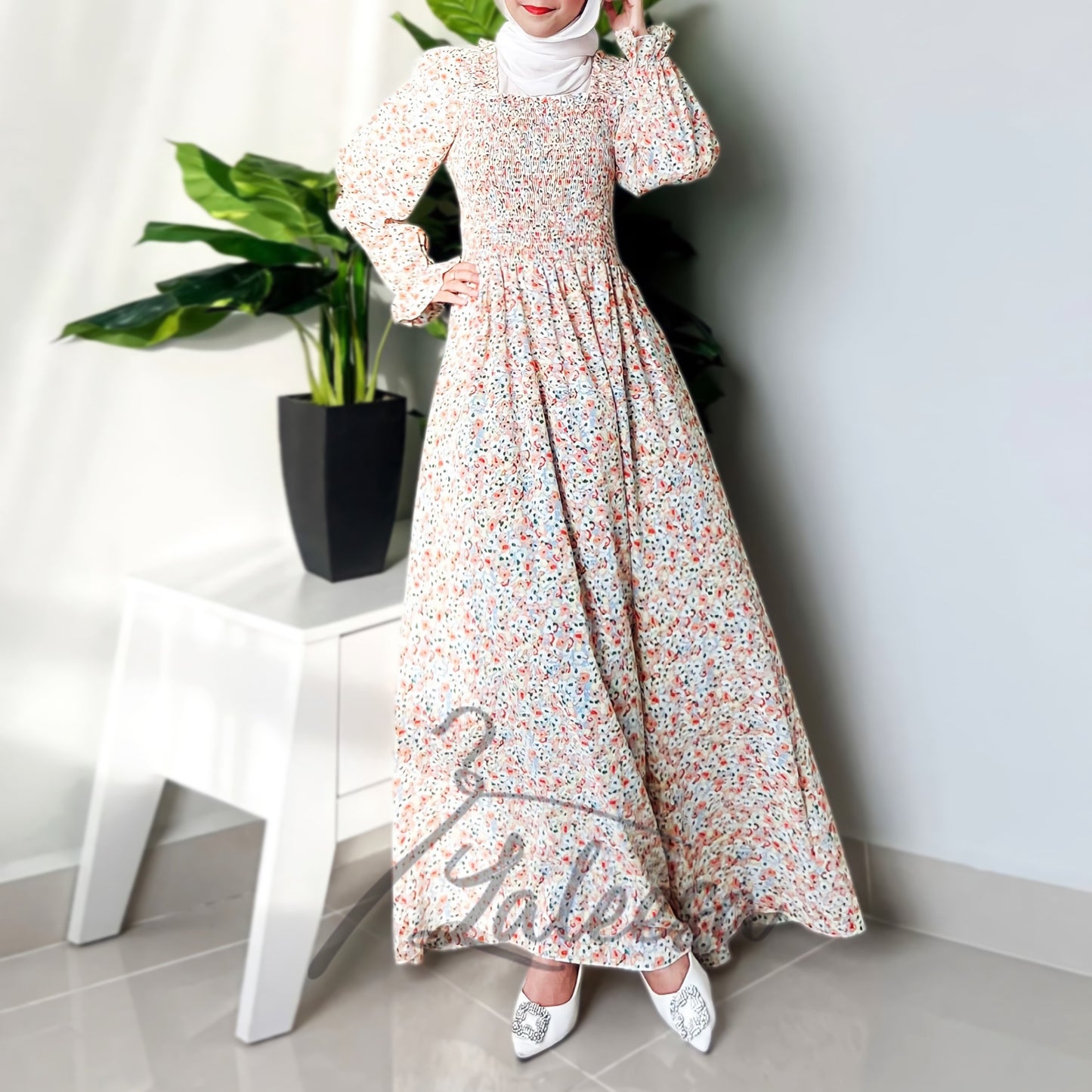 LALEESA LD260208 DRESS RAHANA Floral Square Neck Rubber Waist Long Dress Muslimah Dress Women Plus Size Baju Raya 2024