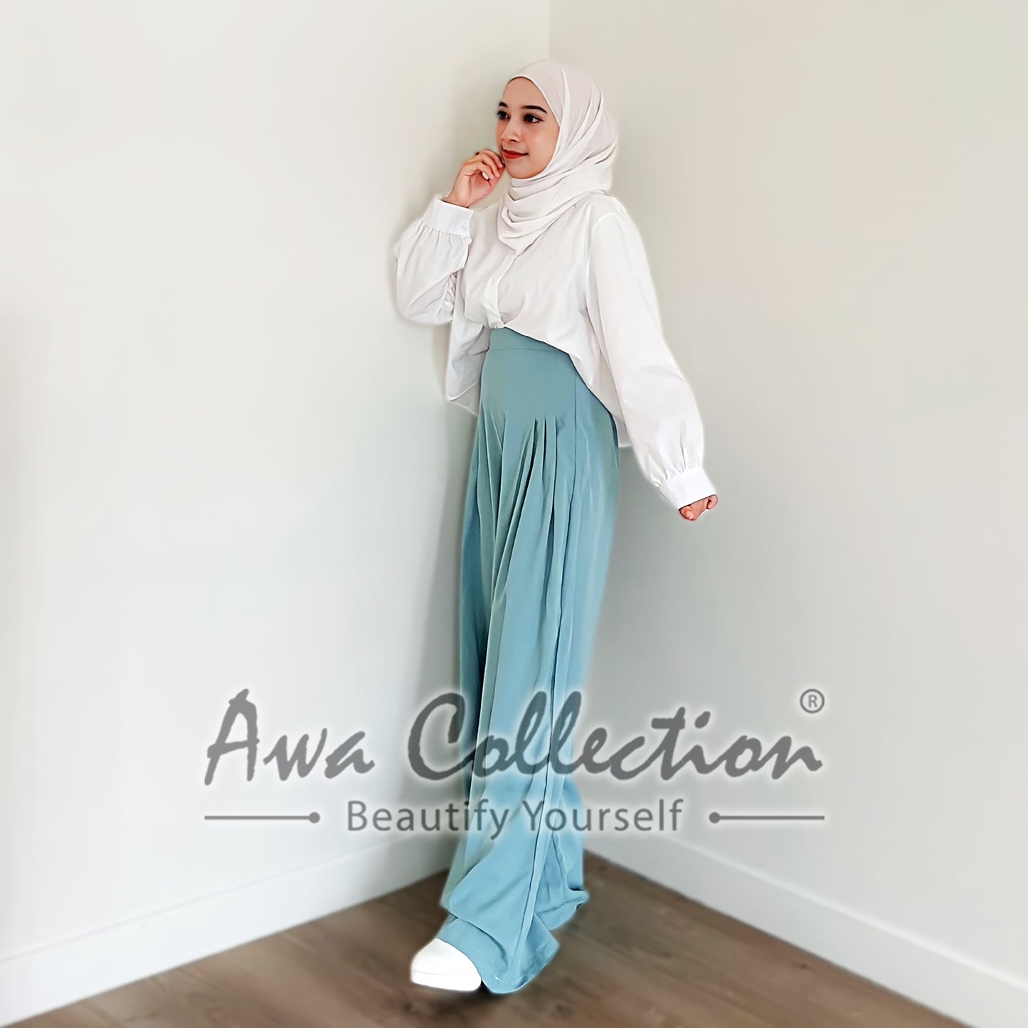 LALEESA Awa Collection BA505565 PANTS NASHWA High Waist Sage Wide Leg Trouser Pants Women Pants Seluar Perempuan