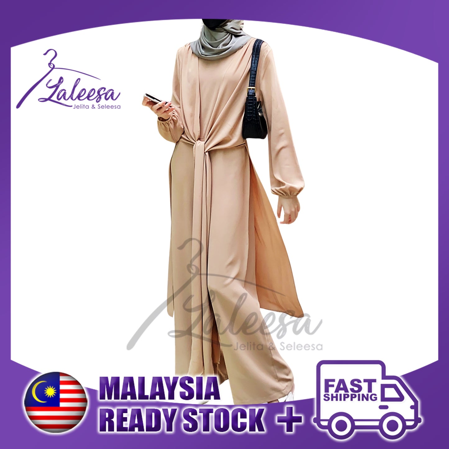 LALEESA (Jumpsuit + Cardigan) SW840820 SET FAYONA 2 Piece Belted Jumpsuit Dress Muslimah Dress Baju Muslimah