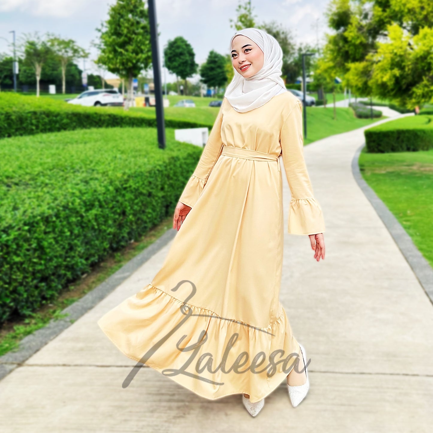 LALEESA LD251219 DRESS INAS Vintage Ruffled Hem Maxi Long Dress Muslimah Dress Women Plus Size Baju Raya 2024