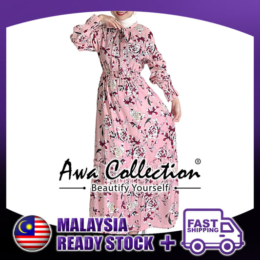 LALEESA Awa Collection DA105145 DRESS QAMEER Floral Print Tie Neck Ruffle Hem Dress Muslimah Dress Women Dress