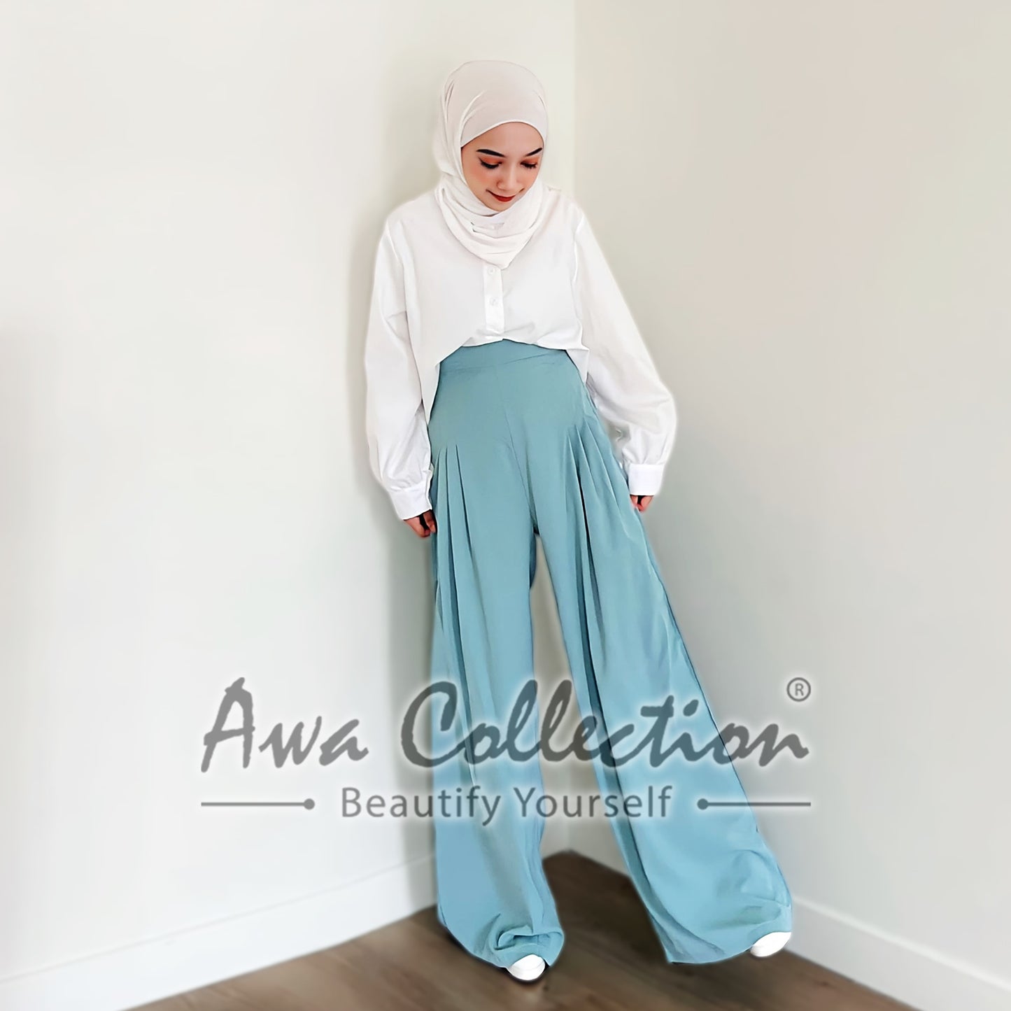 LALEESA Awa Collection BA505565 PANTS NASHWA High Waist Sage Wide Leg Trouser Pants Women Pants Seluar Perempuan