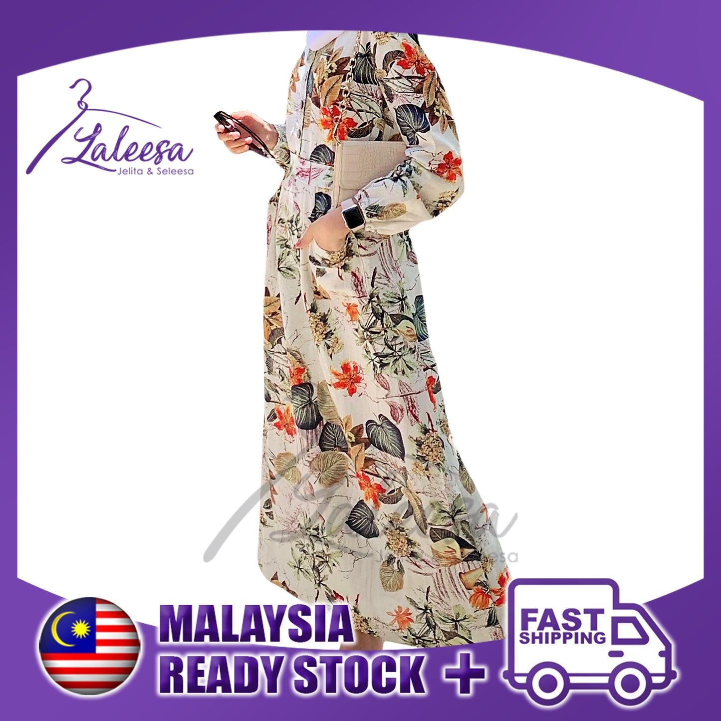 LALEESA LD267217 DRESS NARMIN Puff Sleeve Printed Dress Muslimah Dress Women Dress Abaya Muslimah Jubah Baju Muslimah