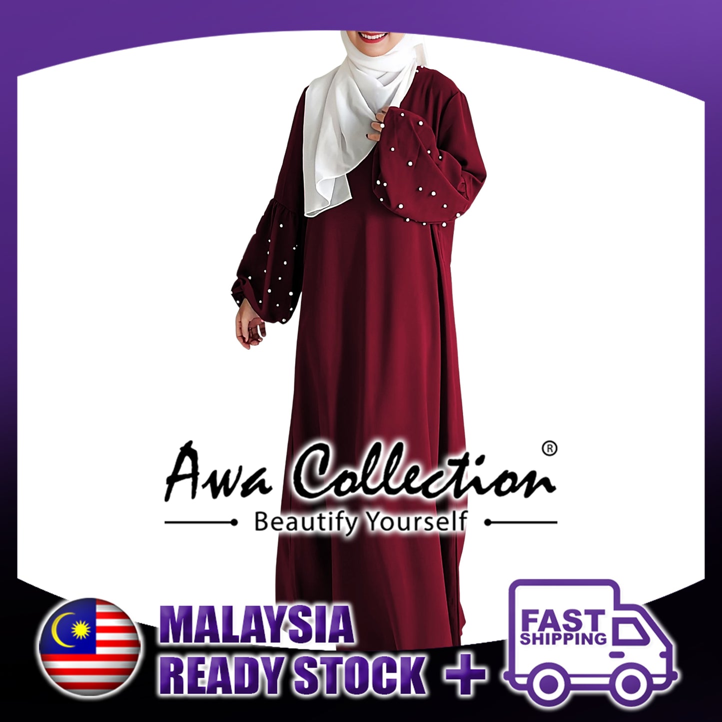 LALEESA Awa Collection DA122117 DRESS LAMIS Balloon Sleeve Pearl Waist Belted Dress Muslimah Dress Women Dress
