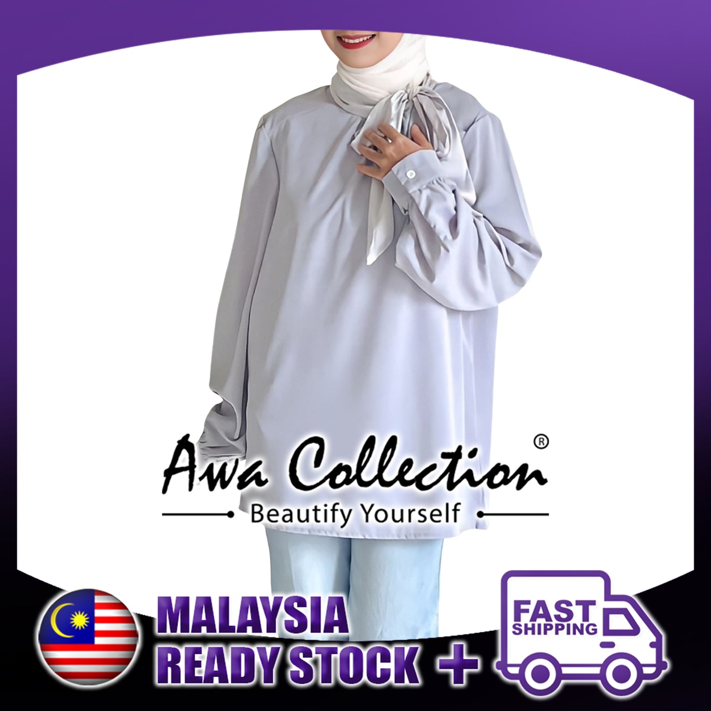LALEESA Awa Collection TA307335 BLOUSE GHASHIA Satin Bowknot Neck Long Sleeves Blouse Muslimah Blouse Women Blouse
