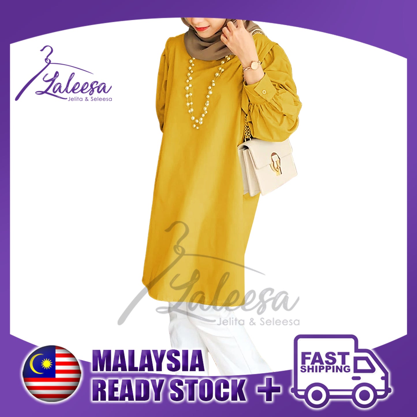 LALEESA TB445495 BLOUSE QANIAH Plain Color Tie Collar Blouse Muslimah Blouse Women Blouse Baju Muslimah Baju Perempuan