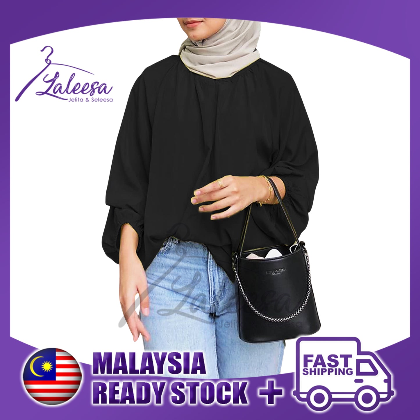 LALEESA TB465495 BLOUSE GHAZIYA Elastic Cuff Solid Blouse Muslimah Blouse Women Blouse Baju Muslimah Baju Perempuan