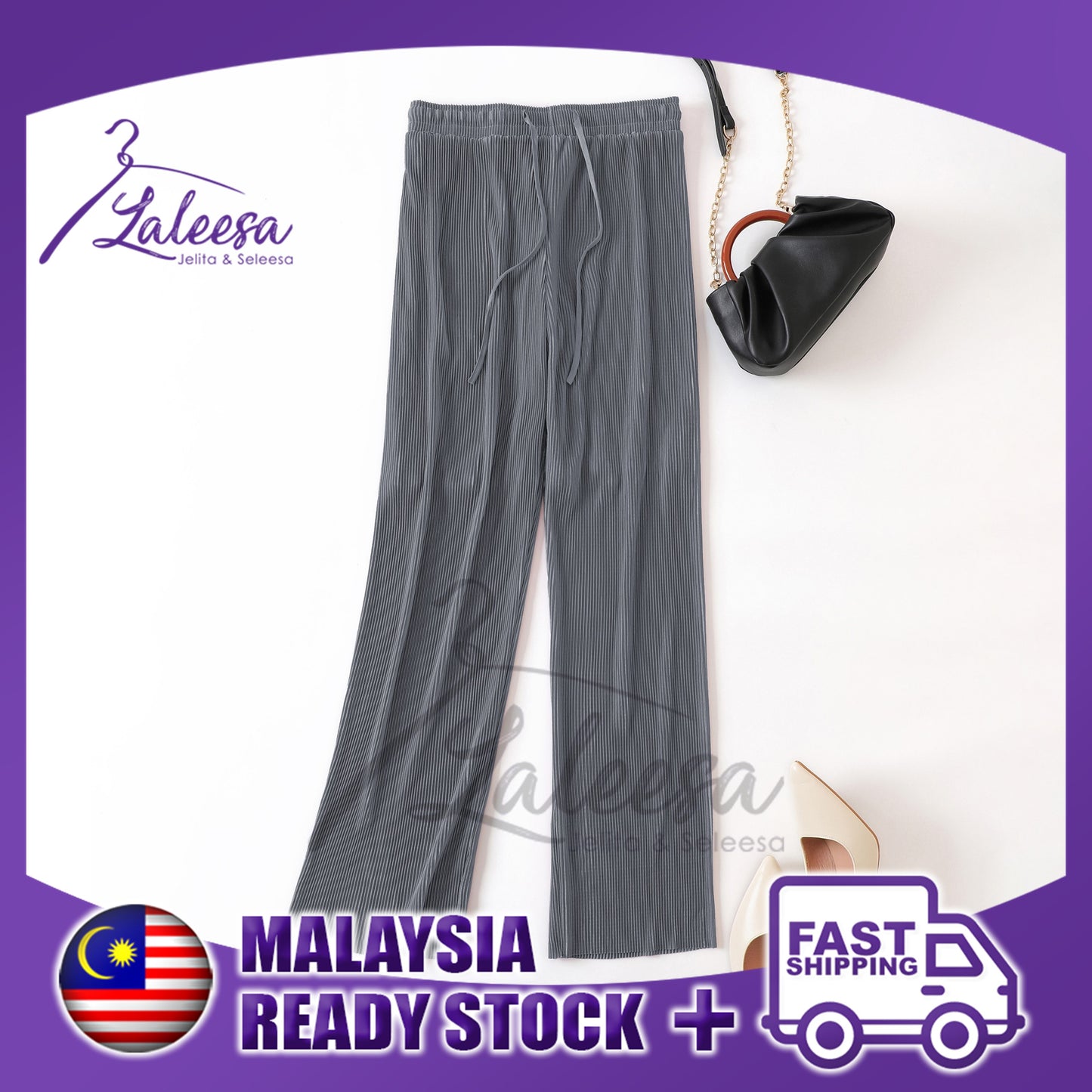 LALEESA PANTS ZOONA PS660640 <Ironless Series> (Ironless) High Waist Rubber Waist Loose Straight Long Pants Women Pants