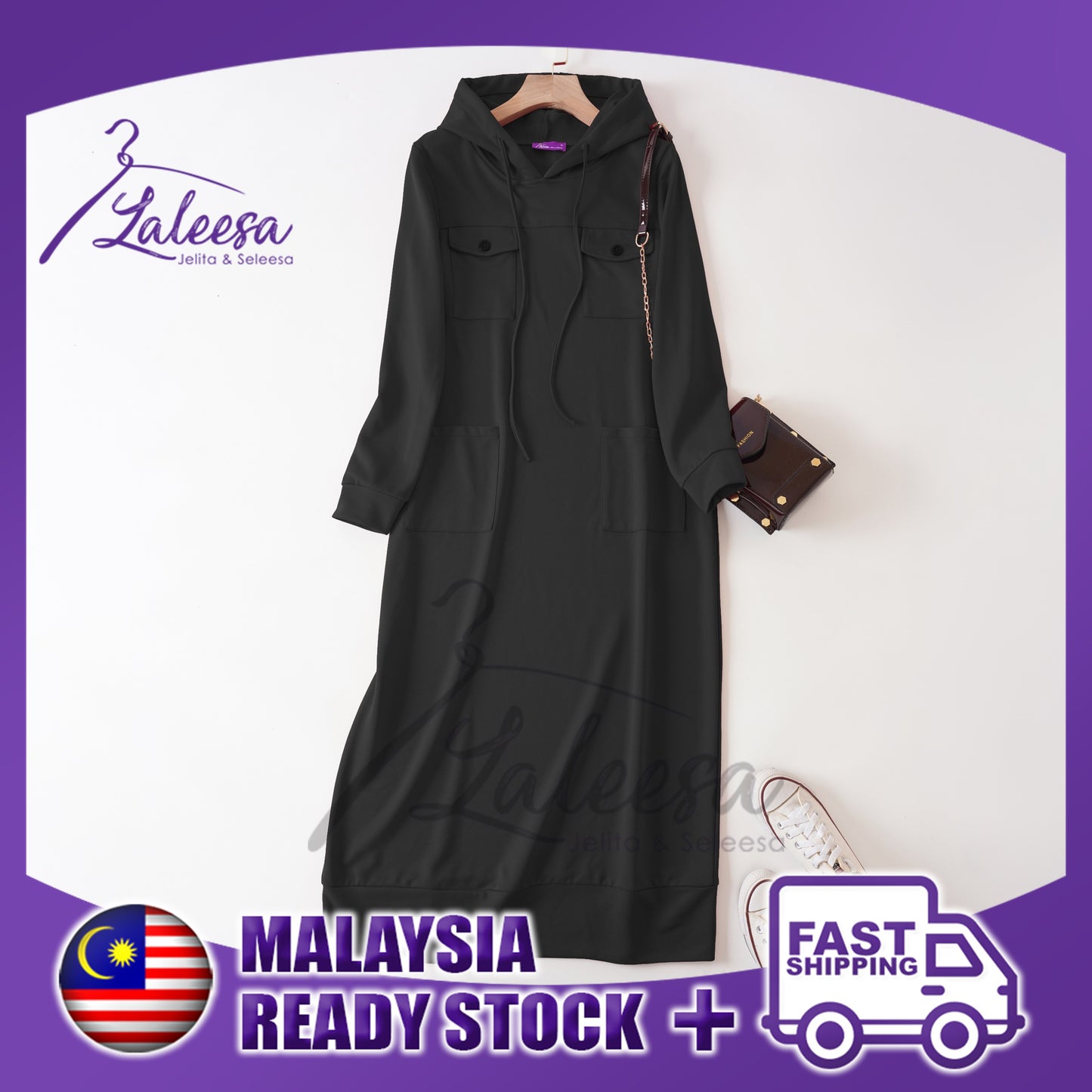 LALEESA DRESS HOODIE POCKET LD277249 <Long Hoodie Series> Long Hoodie Dress Muslimah Dress Women Dress Jubah Muslimah