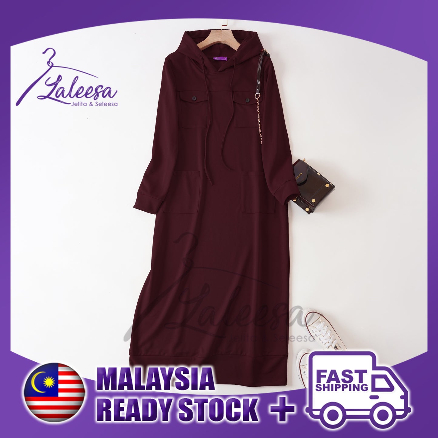 LALEESA DRESS HOODIE POCKET LD277249 <Long Hoodie Series> Long Hoodie Dress Muslimah Dress Women Dress Jubah Muslimah