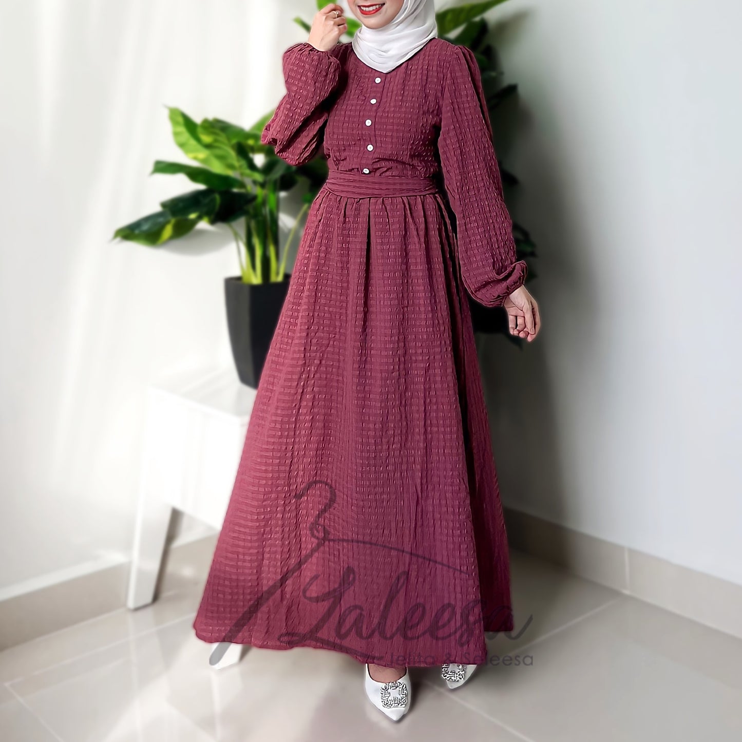 LALEESA DRESS TRANA LD289241 <Ironless Series> (Ironless) Button Front Frilled Neckline Belted Dress Muslimah Dress