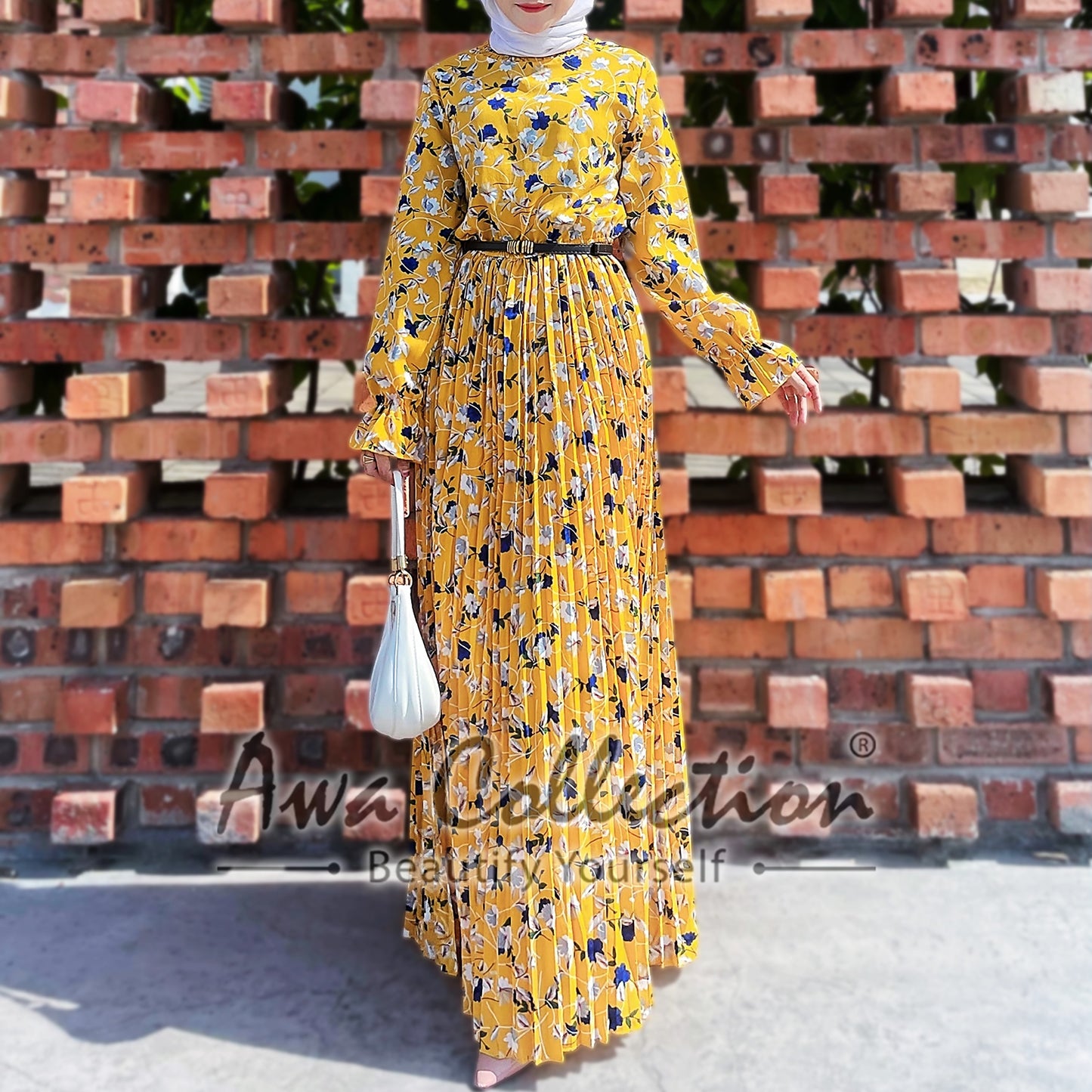 LALEESA Awa Collection DA126153 DRESS RAEESA Frill Neck Shirred Detail Flounce Sleeve Pleated Dress Muslimah Dress