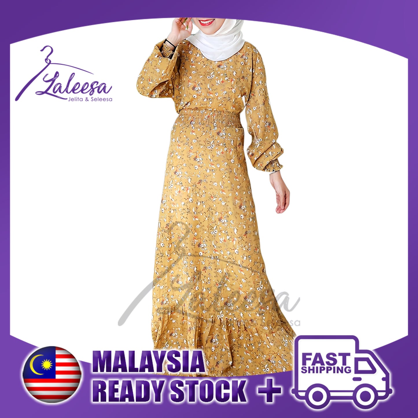 LALEESA LD281283 Floral Printed Elastic Waist Ruffled Hem Dress Muslimah Dress Women Dress Maxi Dress Abaya Muslimah