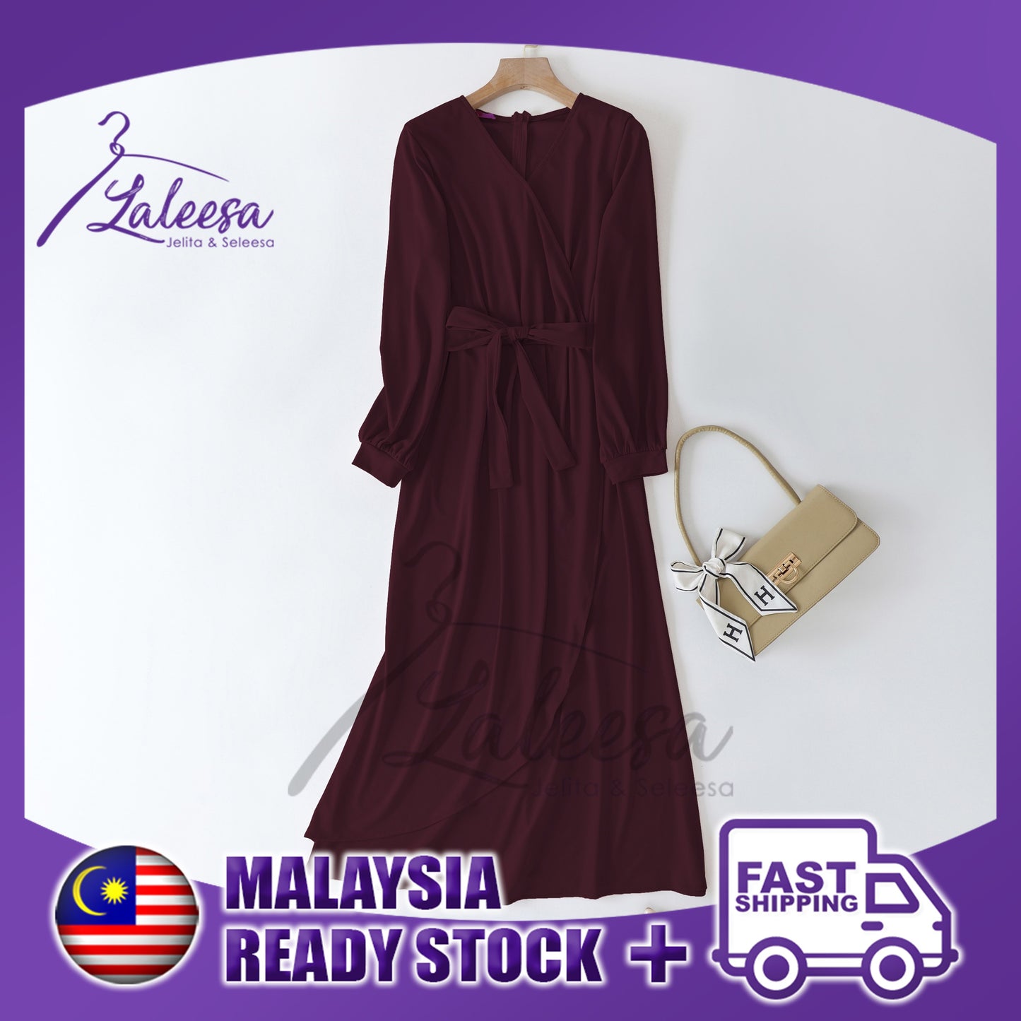 LALEESA LD273297 DRESS HANA Simple & Elegant Flip Over Waist Tie Hem Wrap Dress Muslimah Dress Jubah Muslimah Jubah
