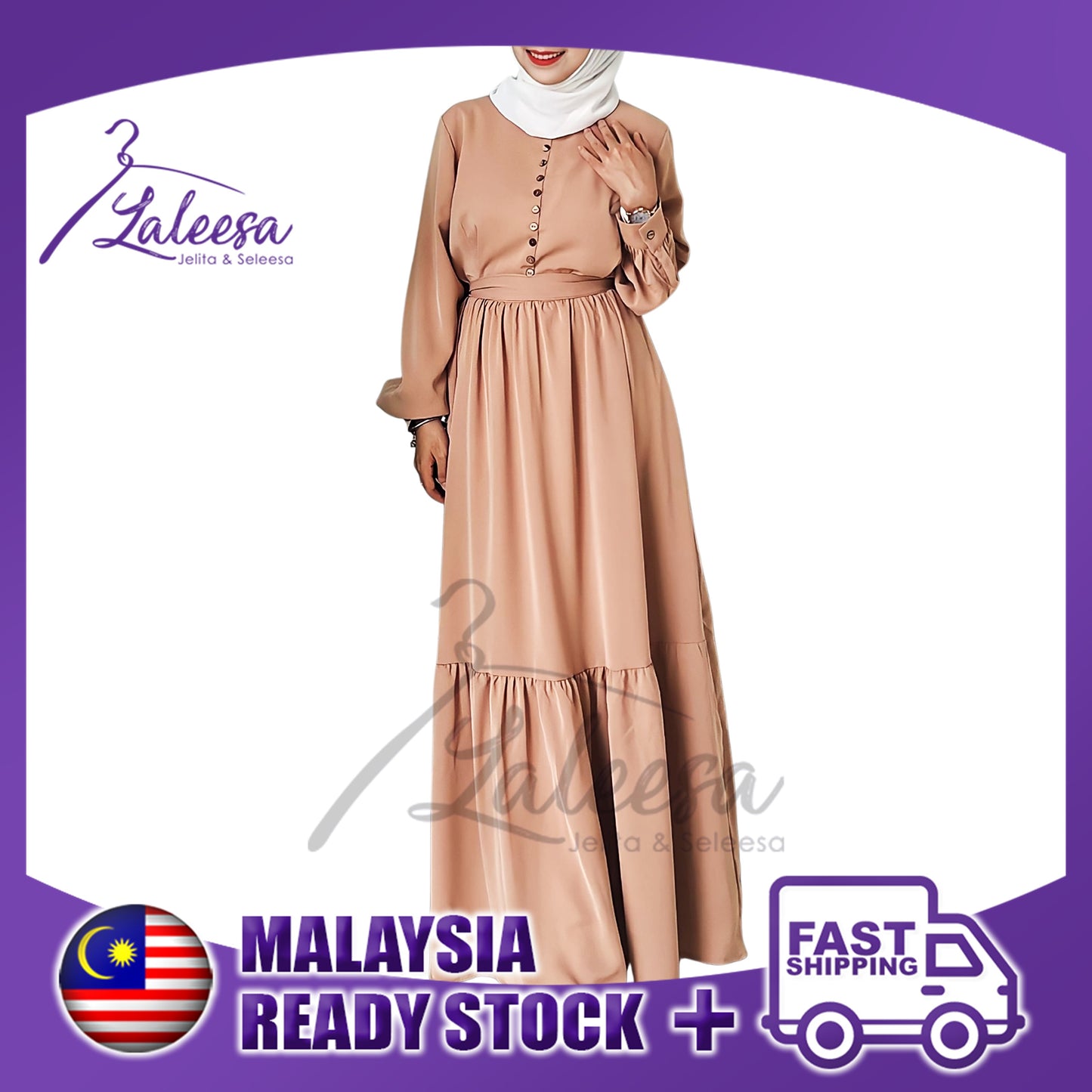 LALEESA LD299210 DRESS ZAREEN Elegant Front Button Decorate Belted Ruffle Hem Dress Muslimah Dress Jubah Muslimah
