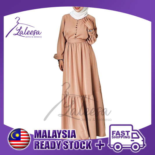 LALEESA LD299210 DRESS ZARA Elegant Front Button Decorate Belted Ruffle Hem Dress Muslimah Dress Jubah Muslimah