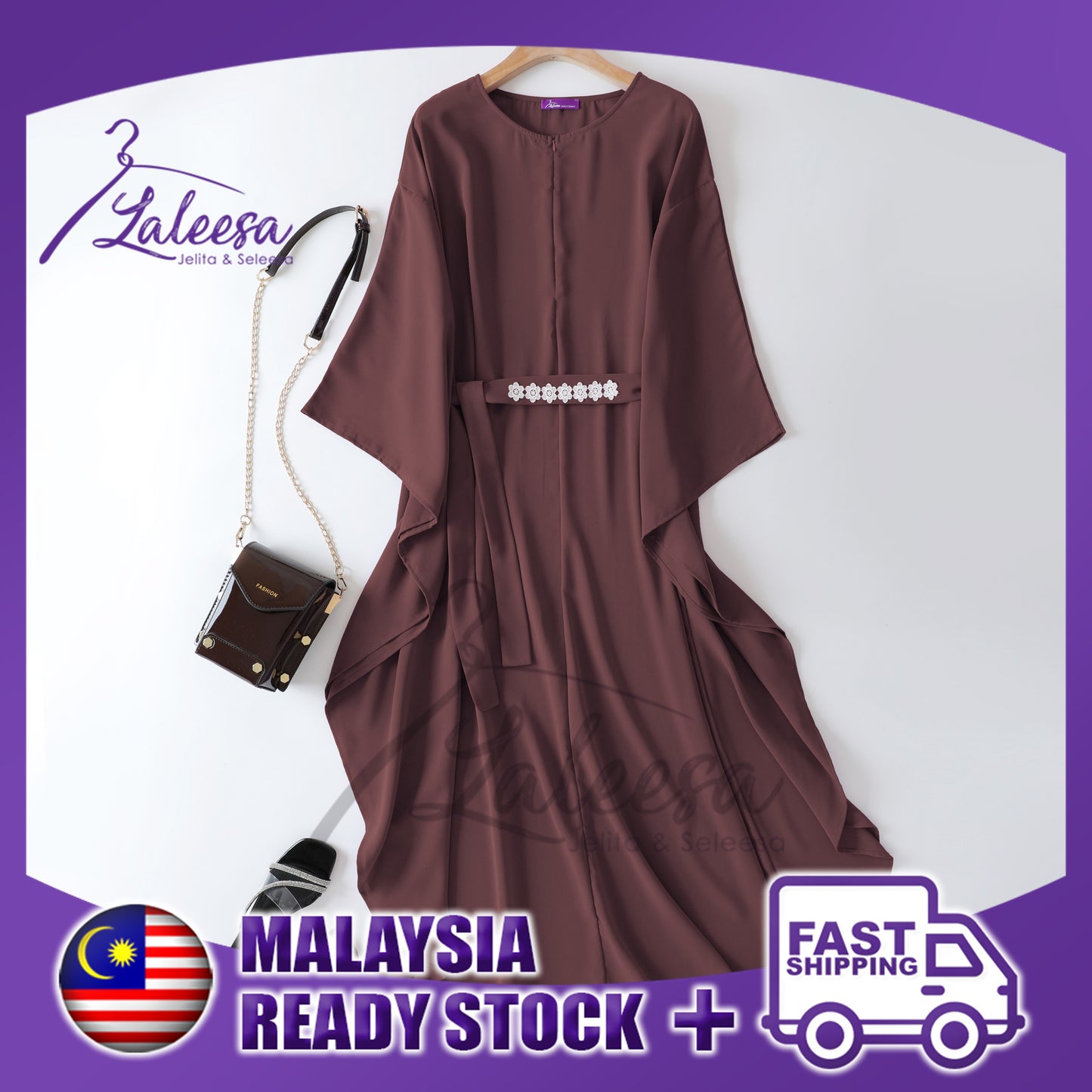 LALEESA LD283205 (Free Size) Belted Kaftan Batwing Sleeve Maxi Dress Muslimah Dress Women Dress Jubah Abaya Dress