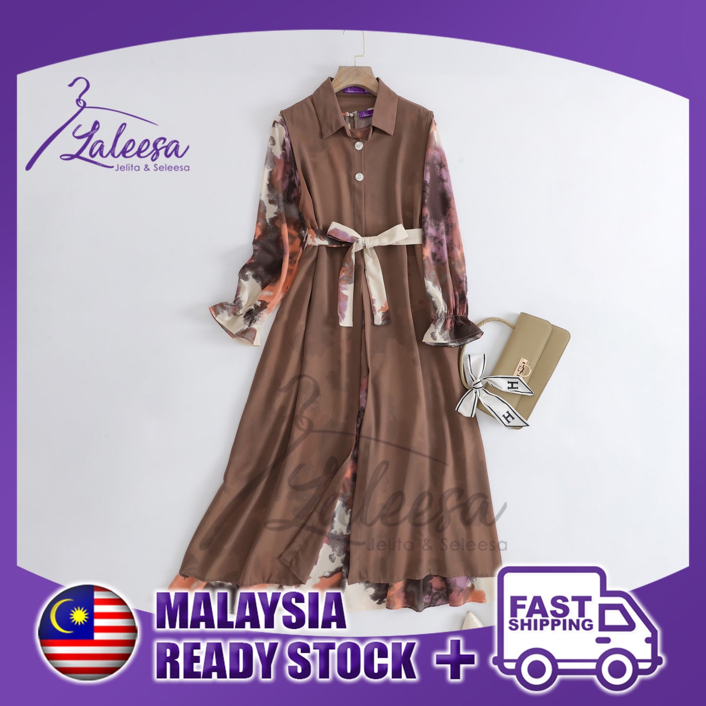 LALEESA (Dress + Cardigan) SW843894 SET ISLAH Waisted Floral Long Dress With Chiffon Suit Set Wear Dress Women