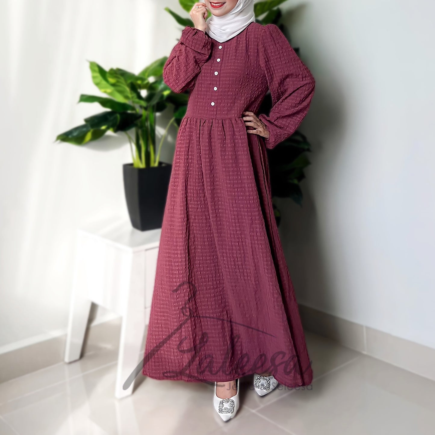 LALEESA DRESS TRANA LD289241 <Ironless Series> (Ironless) Button Front Frilled Neckline Belted Dress Muslimah Dress