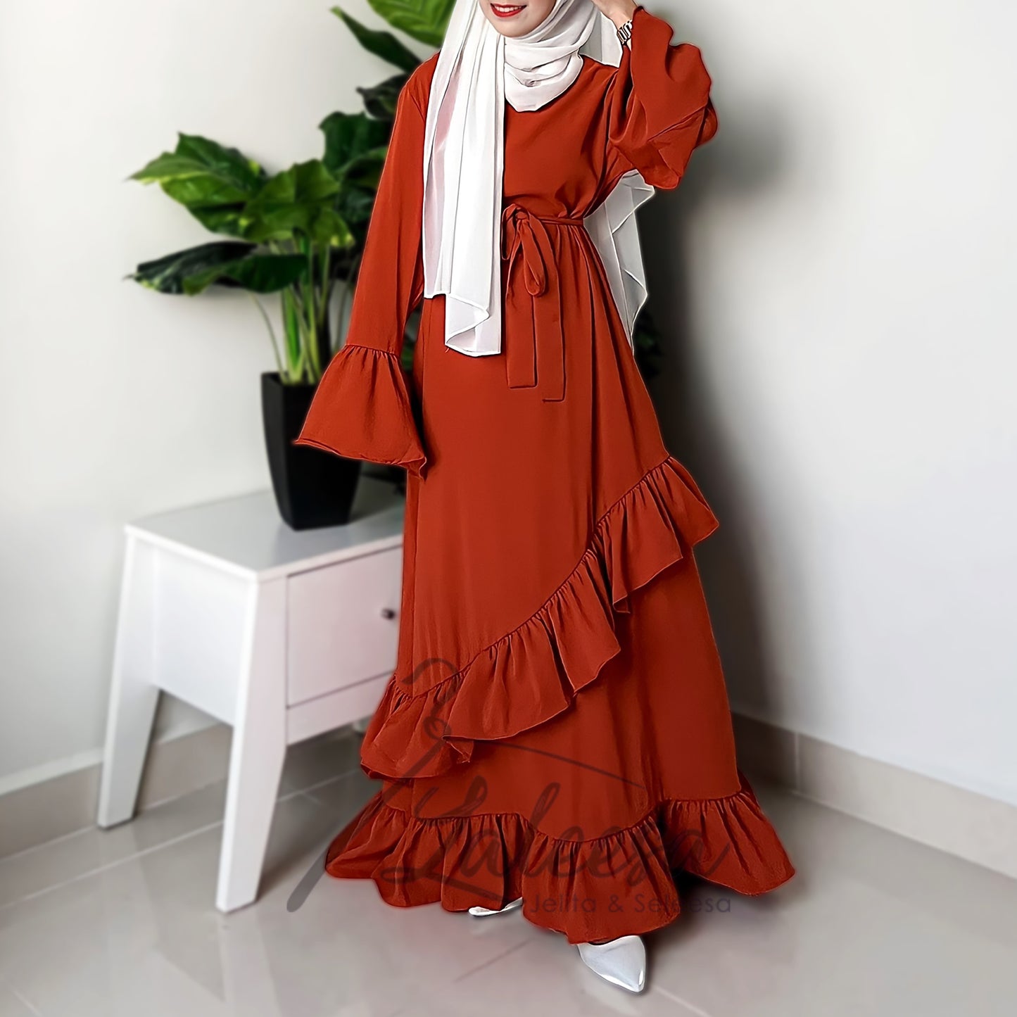 LALEESA LD292274 DRESS WAFA Patchwork Pleated Ruffle Hem Dress Muslimah Dress Women Dress Jubah Muslimah Jubah Abaya