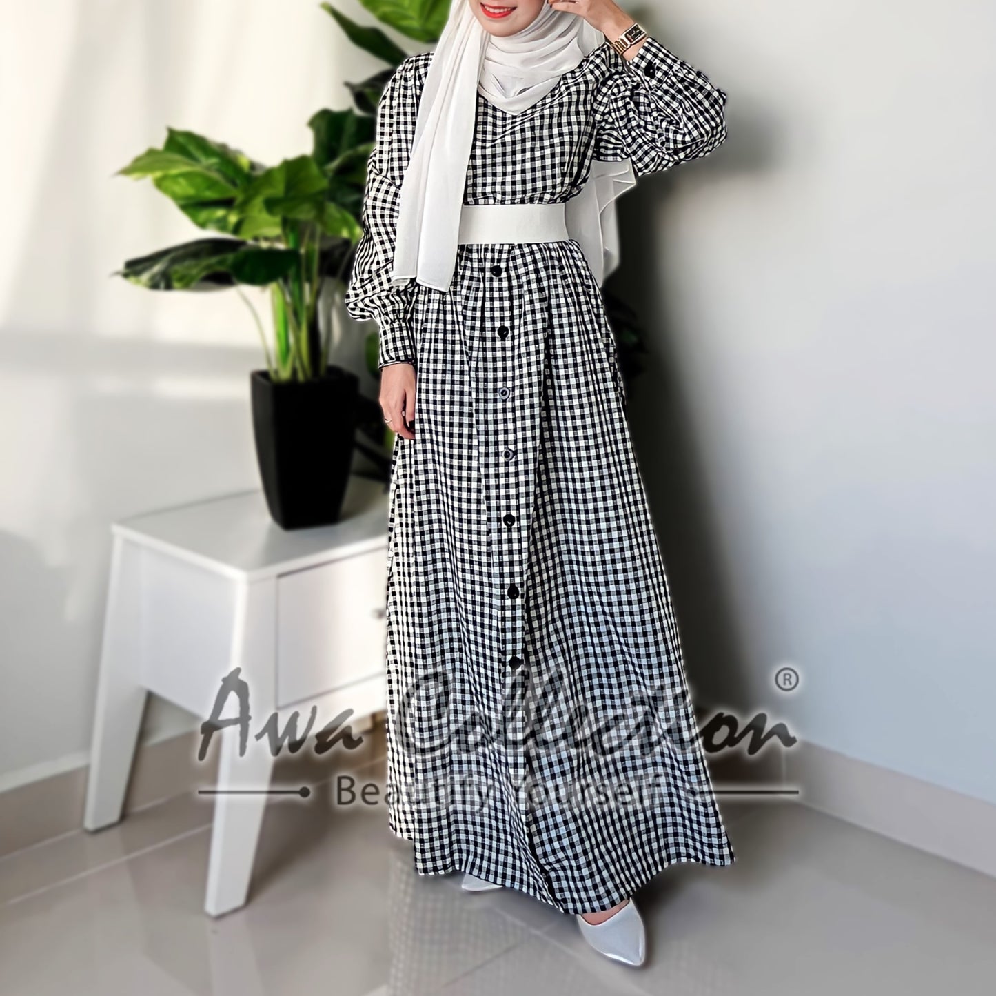 LALEESA Awa Collection DA124135 DRESS NADAA Puff Sleeve Plaid Long Dress Muslimah Dress Women Dress Baju Raya 2024