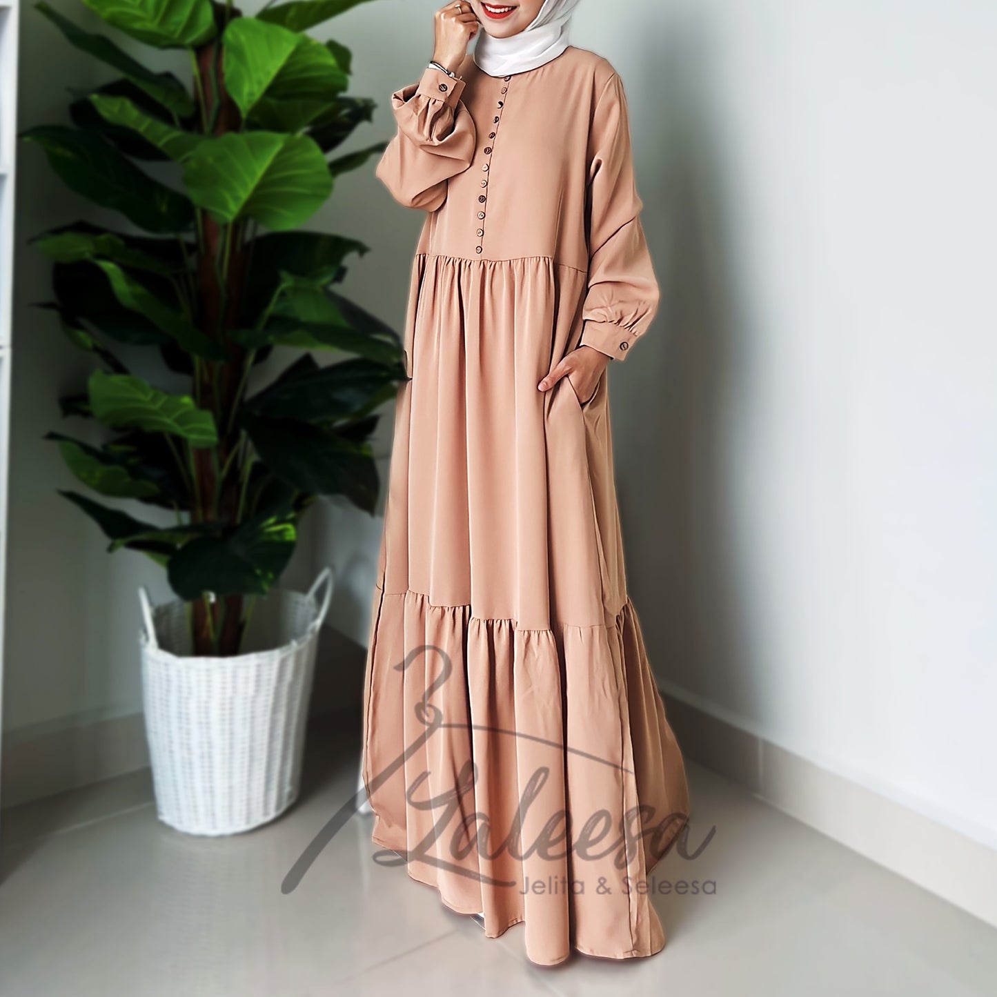 LALEESA LD299210 DRESS ZAREEN Elegant Front Button Decorate Belted Ruffle Hem Dress Muslimah Dress Jubah Muslimah