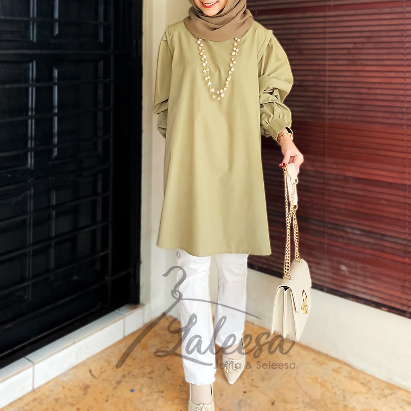 LALEESA TB445495 BLOUSE QANIAH Plain Color Tie Collar Blouse Muslimah Blouse Women Blouse Baju Muslimah Baju Perempuan