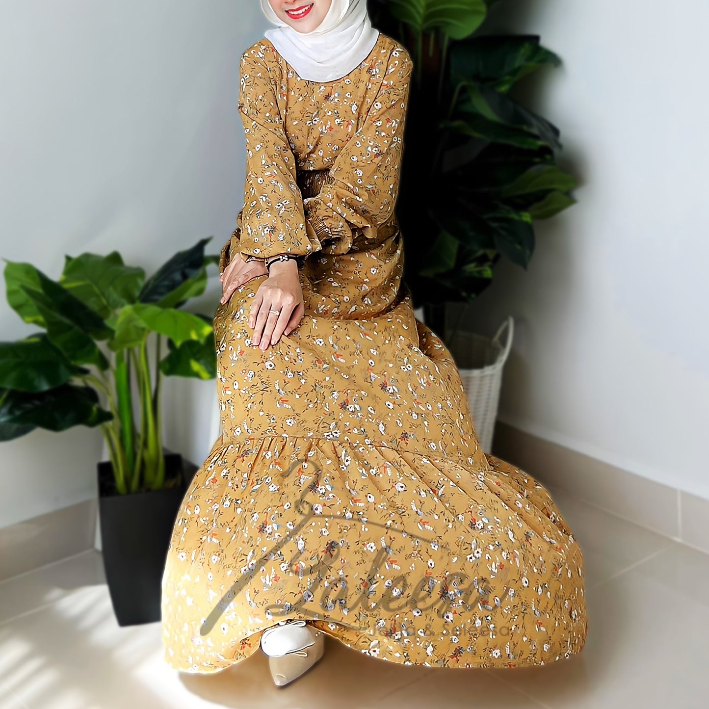 LALEESA LD281283 Floral Printed Elastic Waist Ruffled Hem Dress Muslimah Dress Women Dress Maxi Dress Abaya Muslimah